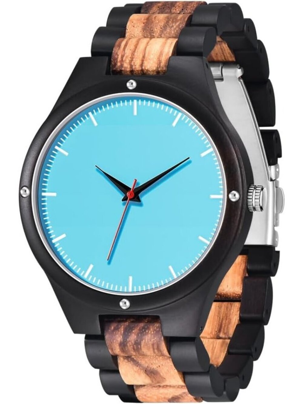Men's Blue 100% Manual Round Classic Wrist Analog Quartz Handmade Wooden Watch